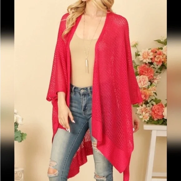 Vibrant Pink Open Knit Cardigan Layering Light Sweater NEW - Mesh Kimono Crochet - Picture 2 of 7